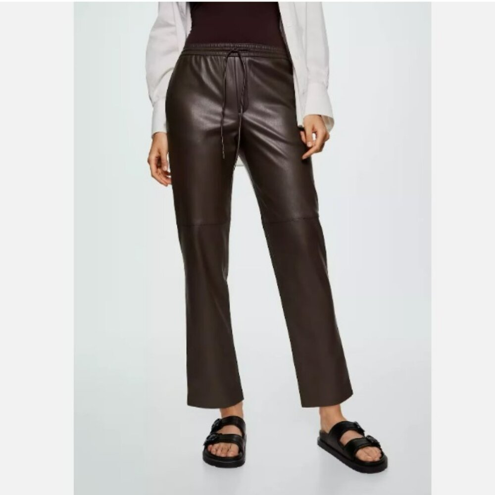 Faux Leather Drawstring Ankle Pants L Brown